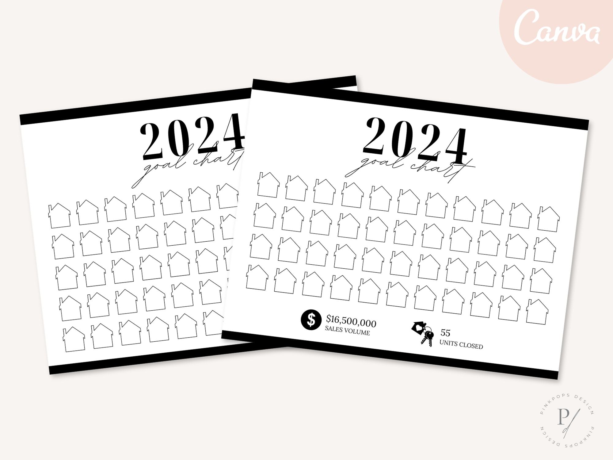 Real Estate Black 2024 Realtor Goal Chart - Sleek and modern chart for goal setting and tracking in a sophisticated black theme, providing a motivational and stylish tool for achieving real estate milestones.
