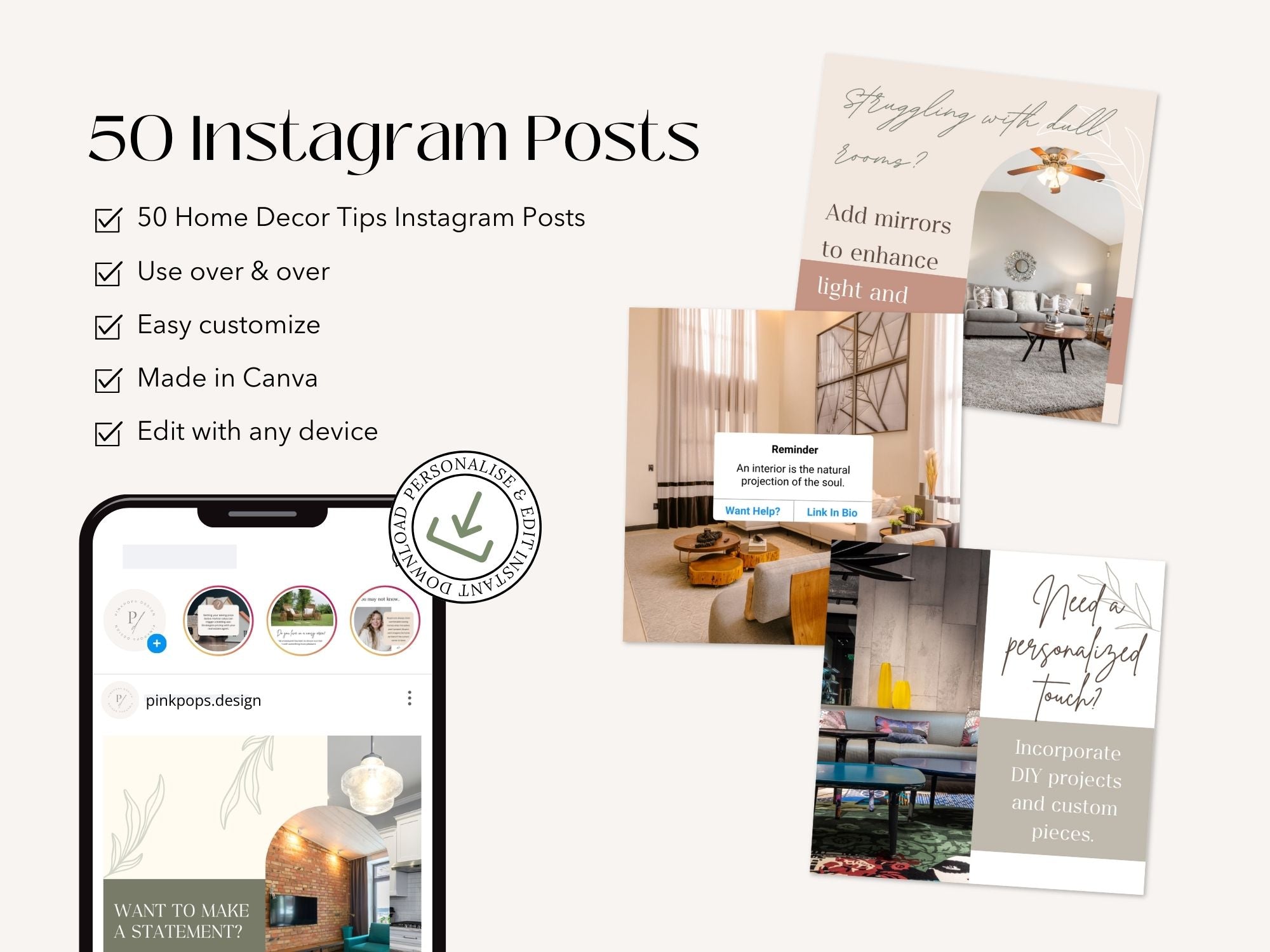 50 Home Decor Tips Instagram Posts - Beautifully designed templates offering home decorating advice.