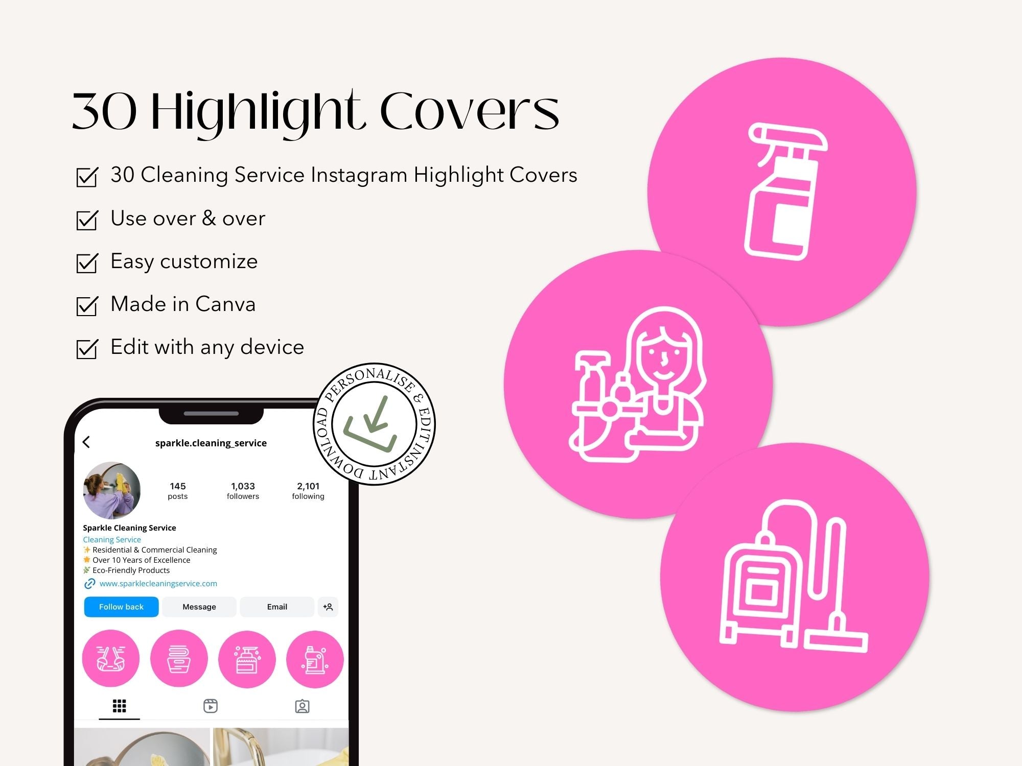 Pink White Cleaning Highlight Covers - Chic and professional icons for showcasing cleaning services on Instagram.