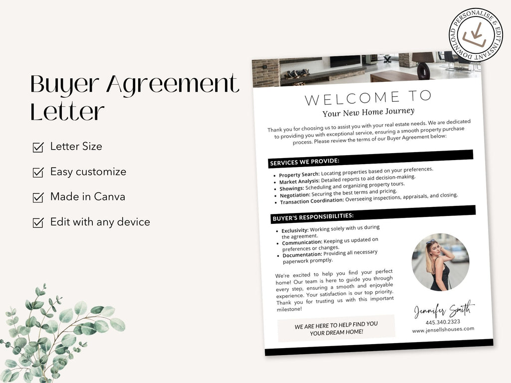 Buyer Agreement Letter Vol 01 - Professional template for real estate agents to formalize buyer
agreements.