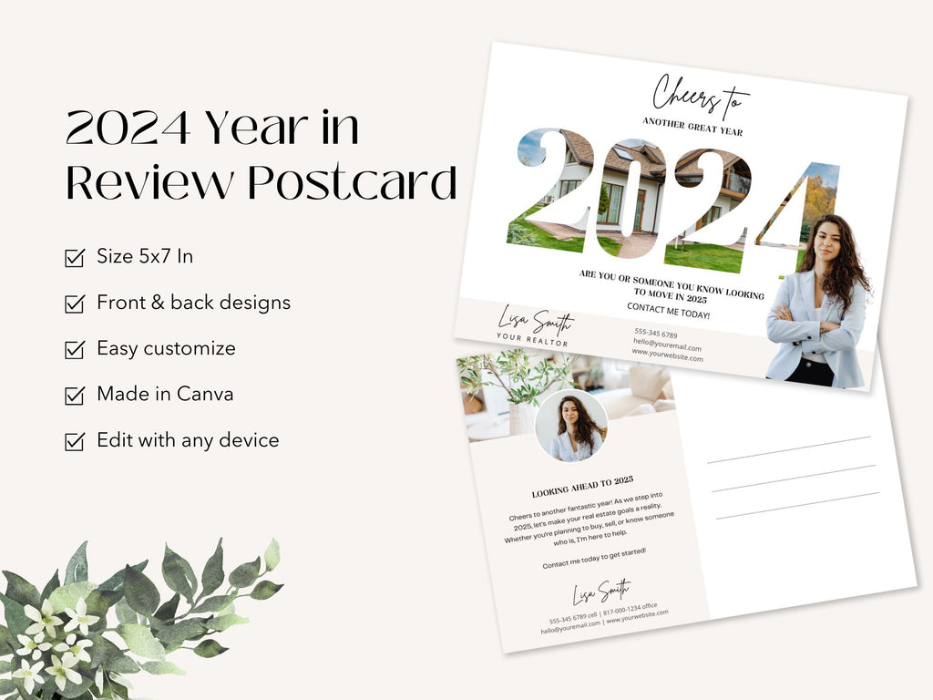 2024 Year in Review postcard showcasing real estate achievements and milestones in a 5x7 design.