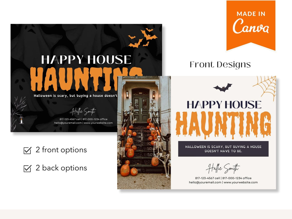Real Estate Happy House Haunting Halloween Postcard - Creatively designed postcard wishing clients a 'Happy House Haunting,' providing a unique and engaging way to express Halloween greetings and foster connections with your real estate audience.
