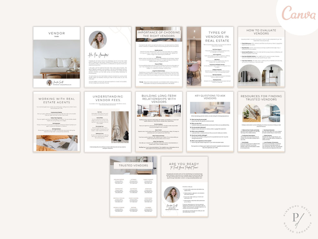 Minimal Vendor Guide template for real estate agents featuring trusted local service providers and vendors.