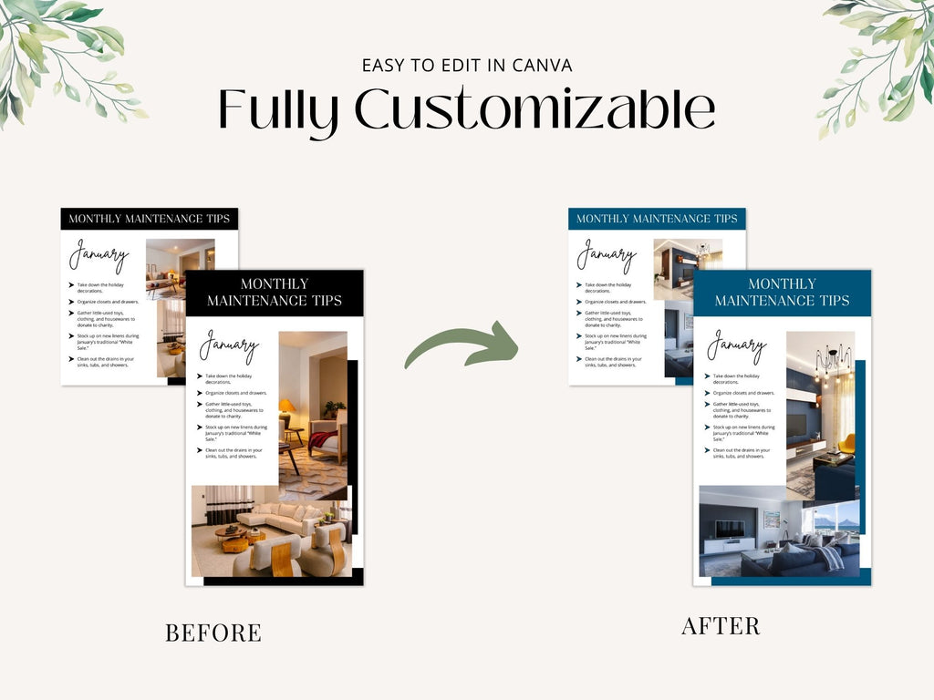 Monthly Maintenance Tips Bundle - Comprehensive set including postcards, Instagram posts, stories, and textable templates offering home maintenance advice.