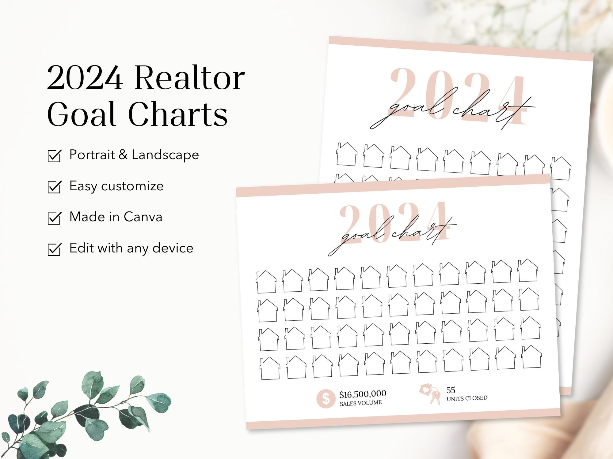 Real Estate Blush Pink 2024 Realtor Goal Chart - Visually appealing chart for goal setting and tracking in a sophisticated blush pink theme, providing a motivational and elegant tool for achieving real estate milestones