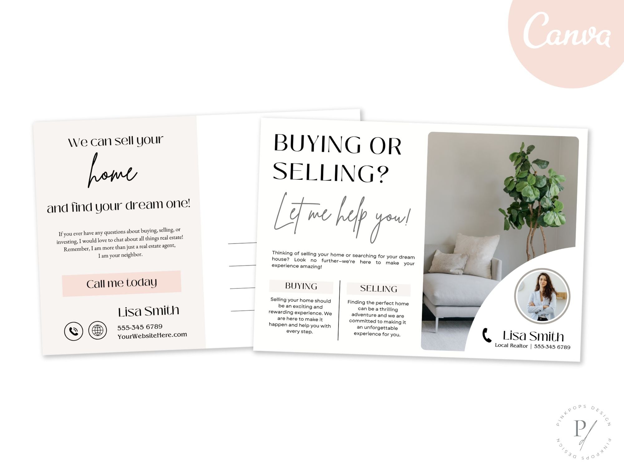 Real estate marketing bundle including postcard, brochure, textable message, and letter for buying or selling properties.