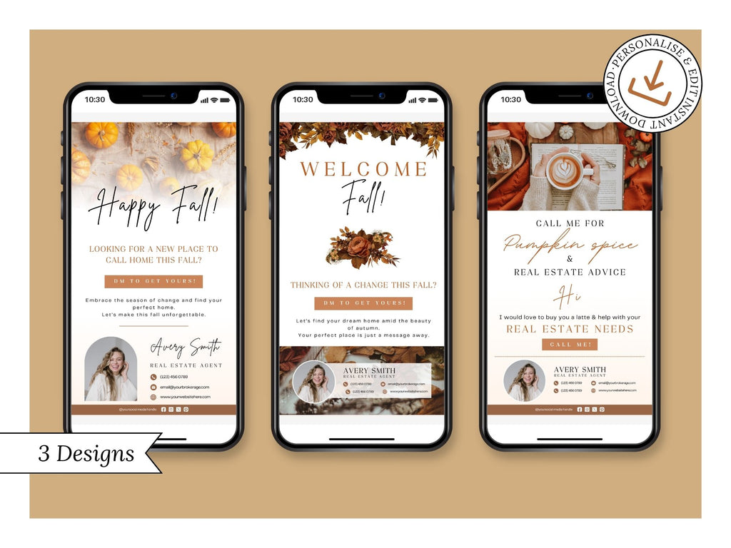 Fall Digital Textables Vol 02 - Autumn-themed designs for real estate digital marketing and client engagement.