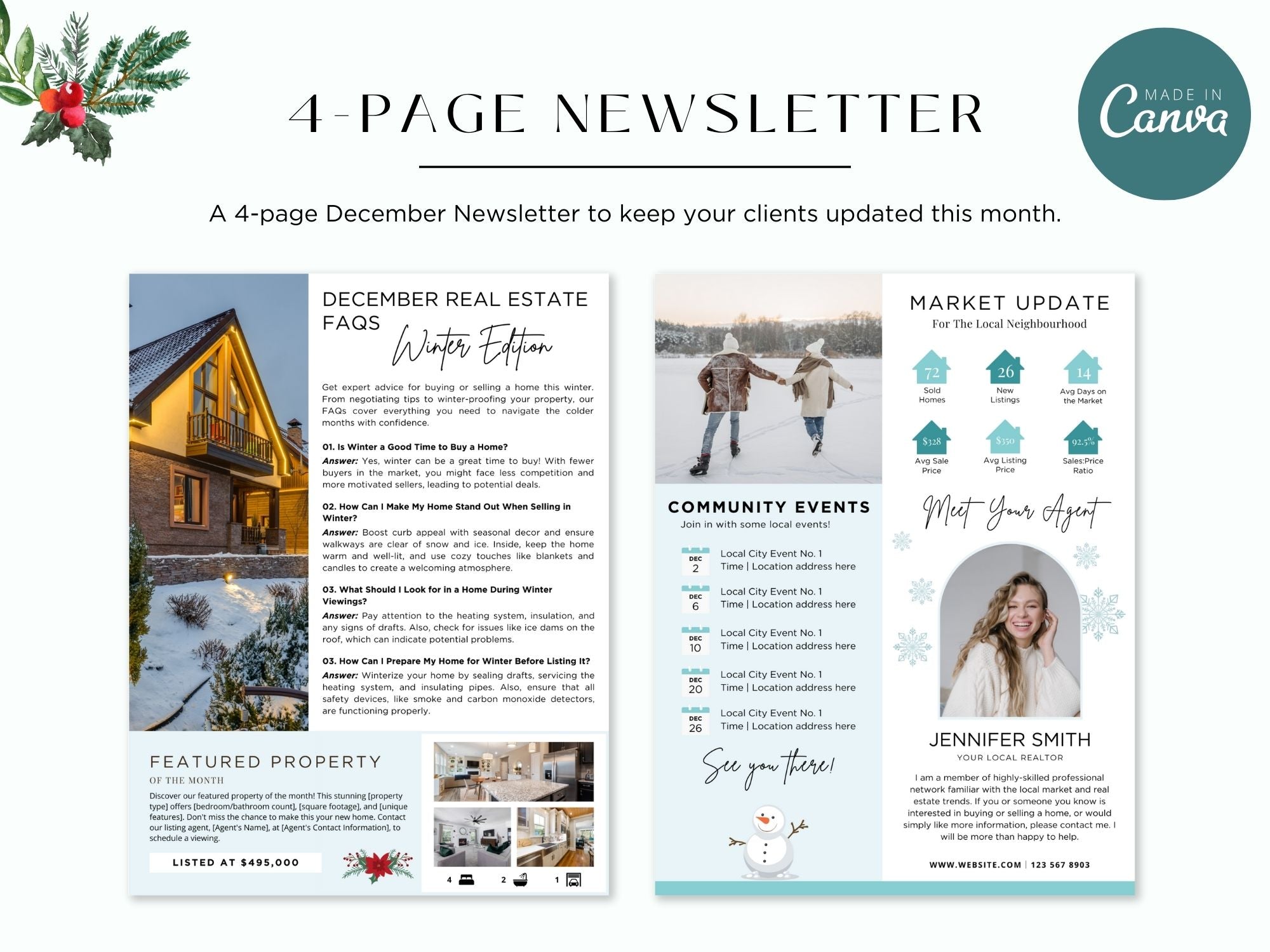 December Newsletter 2024 Vol 02 template for real estate professionals, featuring year-end market summaries and holiday home tips.