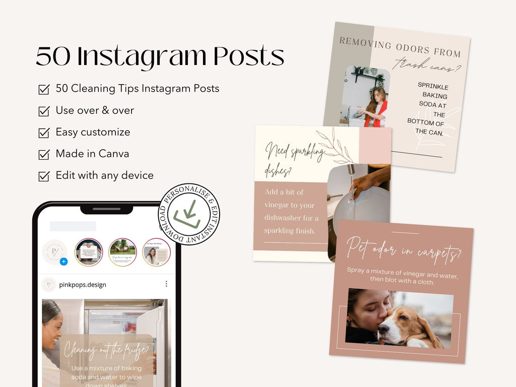 50 Cleaning Tips Instagram Posts Vol 01 - Visually appealing templates with practical cleaning  tips.