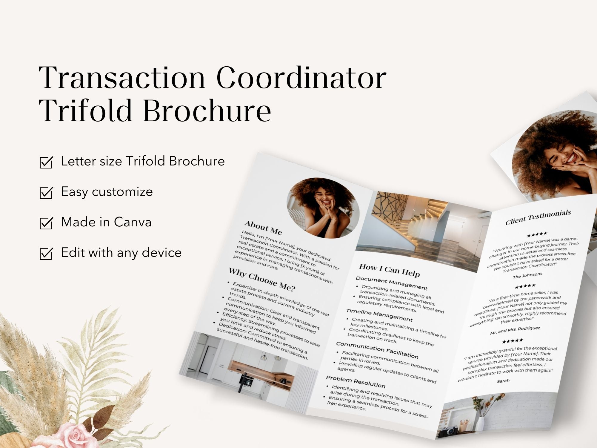 Transaction Coordinator Brochure - Beige - Professionally designed real estate brochure providing an overview of transaction coordination services.