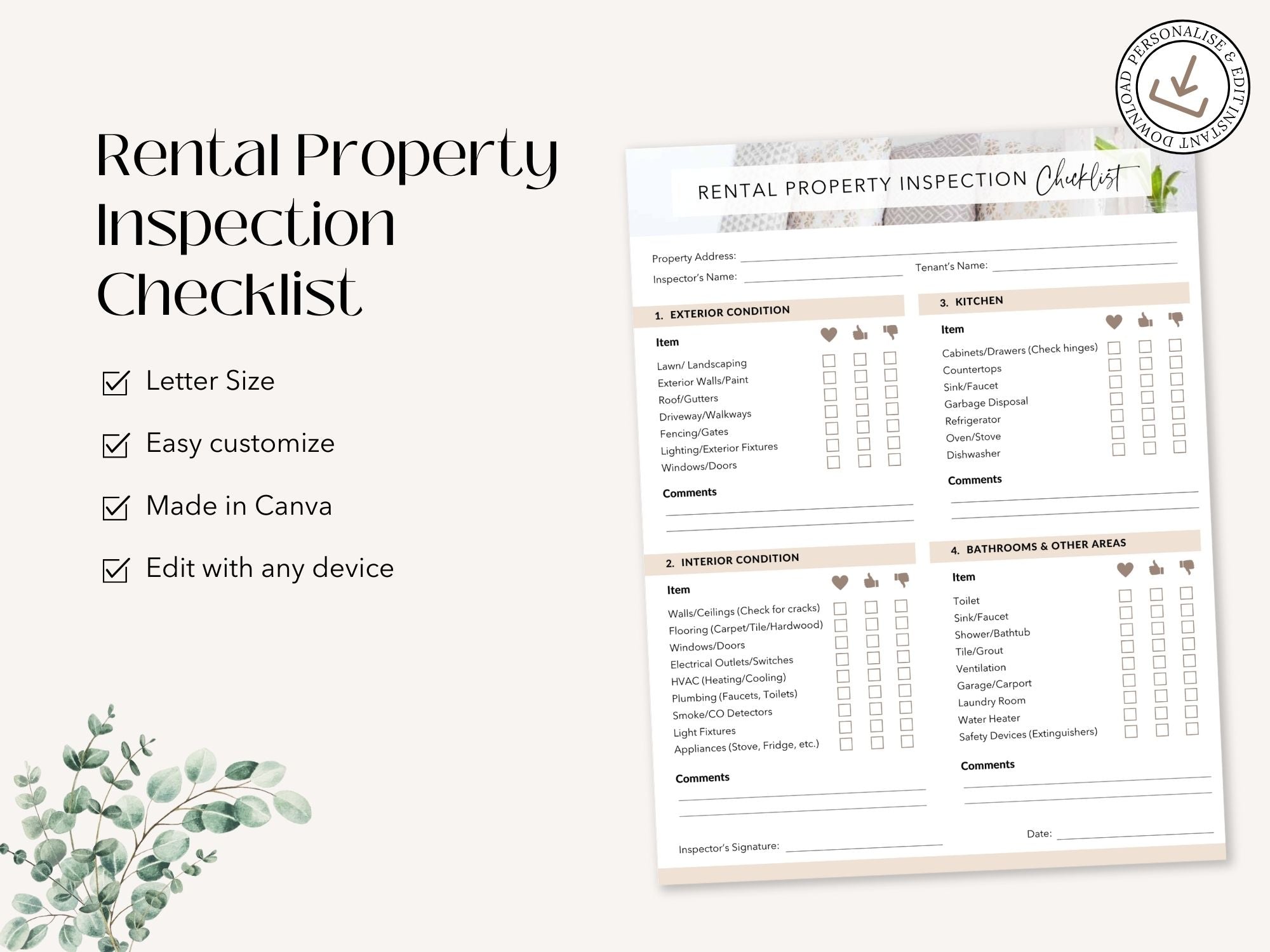 Rental Property Inspection Checklist for landlords and property managers to assess property condition.