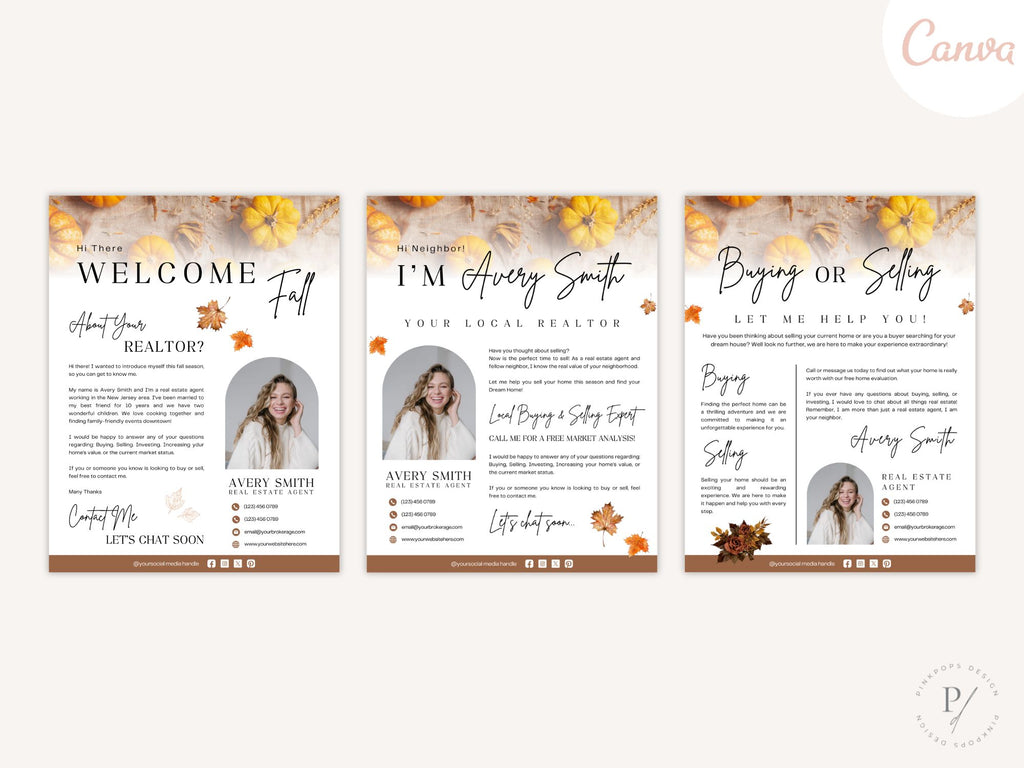 Fall Real Estate Letters Vol 02 with autumn-themed designs for seasonal client outreach.