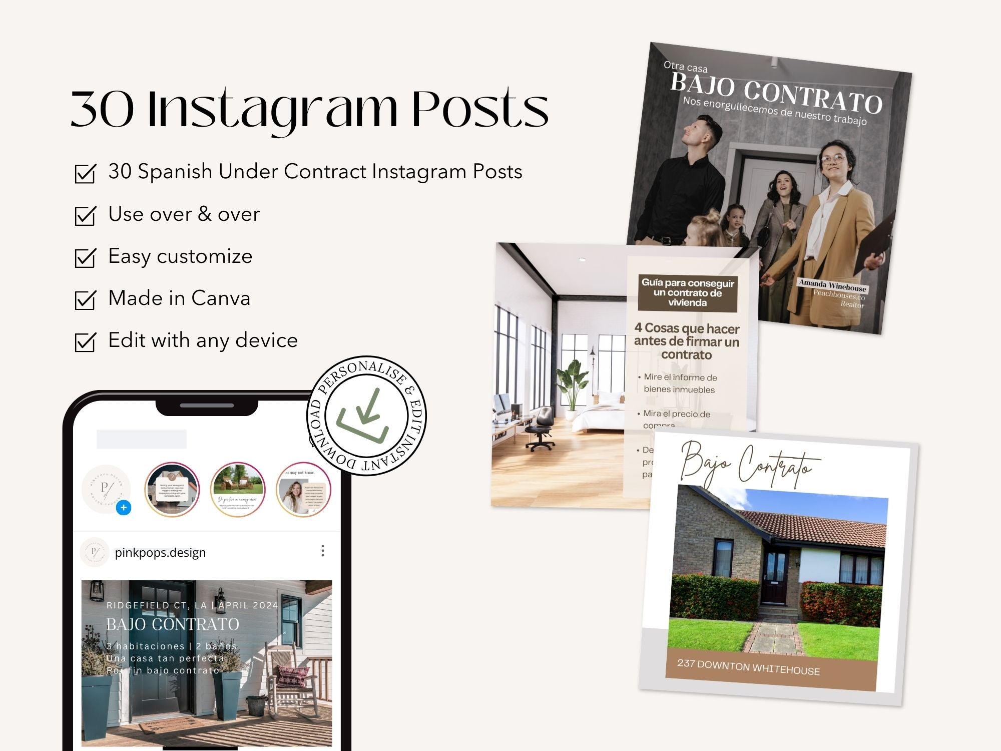 Spanish Under Contract Instagram Posts Vol 01- Templates for sharing under contract  properties with Spanish-speaking clients.