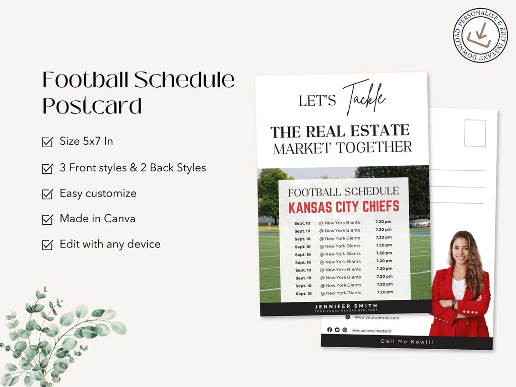 Football Schedule Postcard Vol 02 featuring a vibrant design for real estate professionals to
engage clients during football season.
