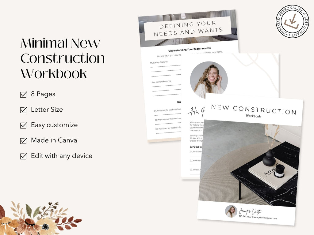 Minimal New Construction Workbook for realtors, helping clients navigate the home-building
process.