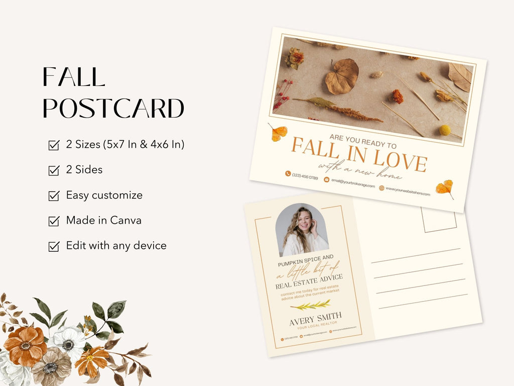 Real Estate Fall In Love Postcard Vol 01 - Charming postcard with autumnal aesthetics and a touch of romance, ideal for expressing warm wishes and fostering client connections during the fall season