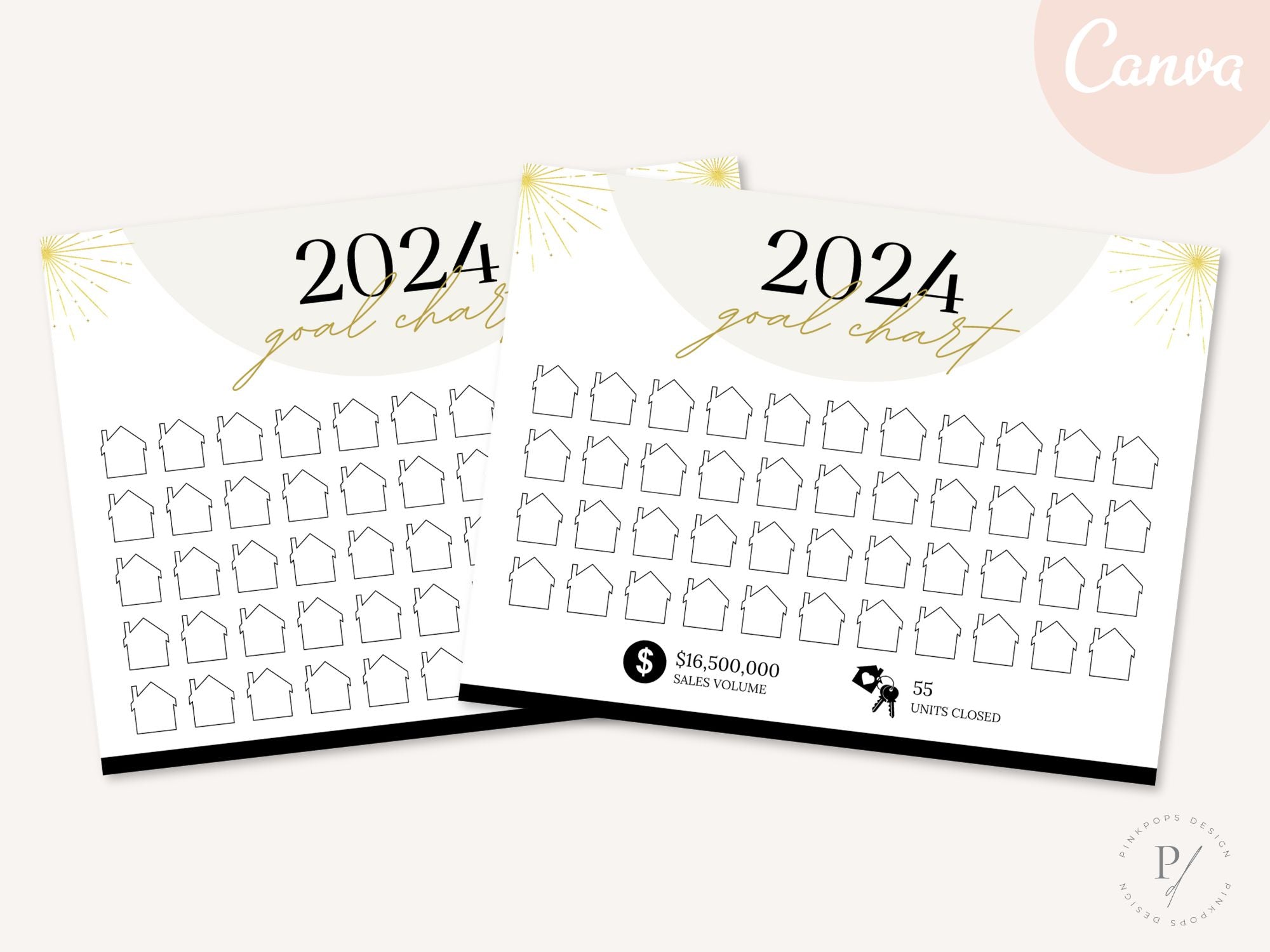 Real Estate Gold 2024 Realtor Goal Chart - Eye-catching chart for goal setting and tracking in a luxurious gold theme, providing a stylish and motivational tool for achieving real estate milestones.