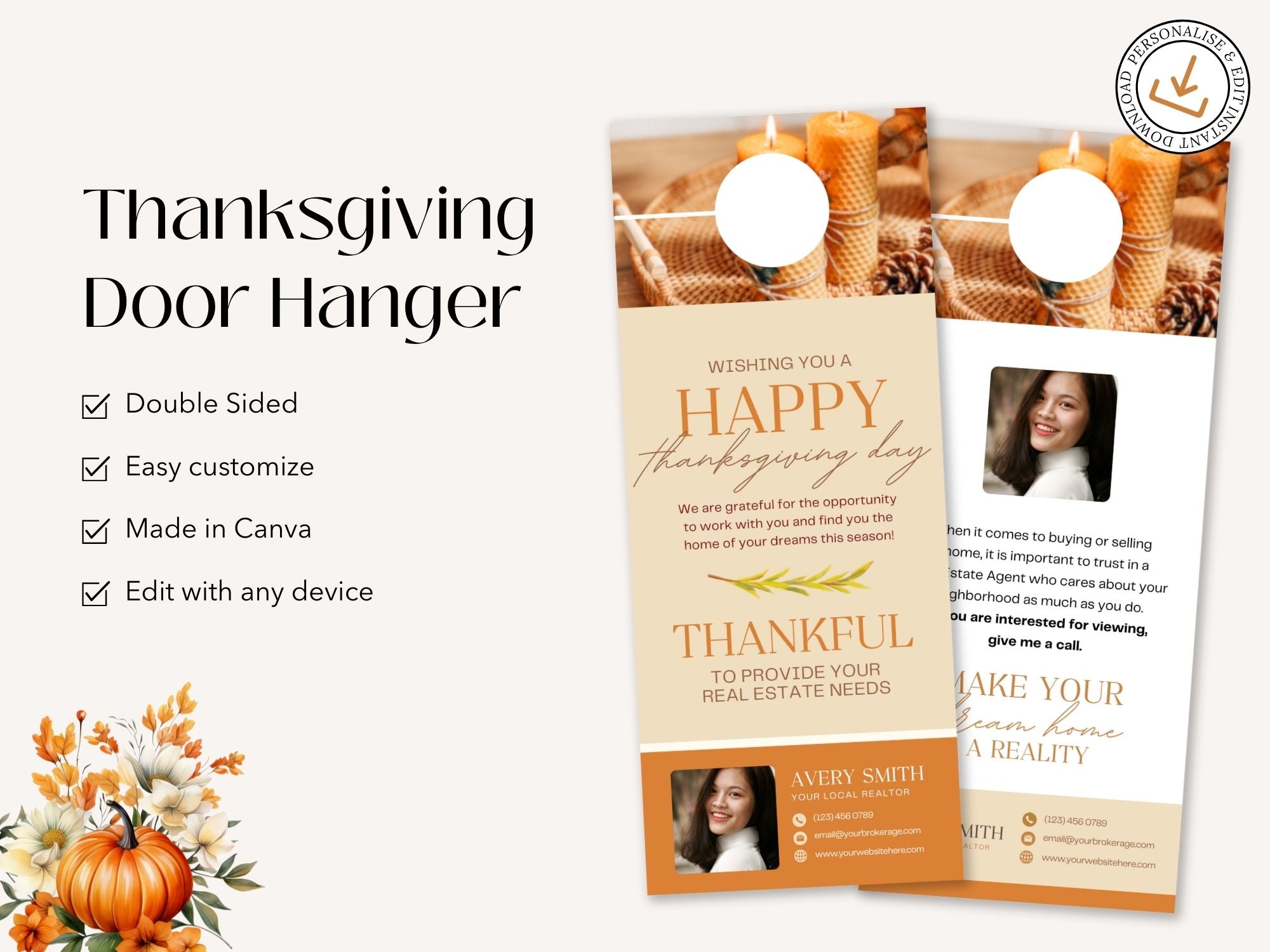Real Estate Thanksgiving Door Hanger Vol 01 - Beautifully crafted door hanger for connecting with neighbors and clients, blending festive design with expressions of gratitude during the Thanksgiving holiday season.