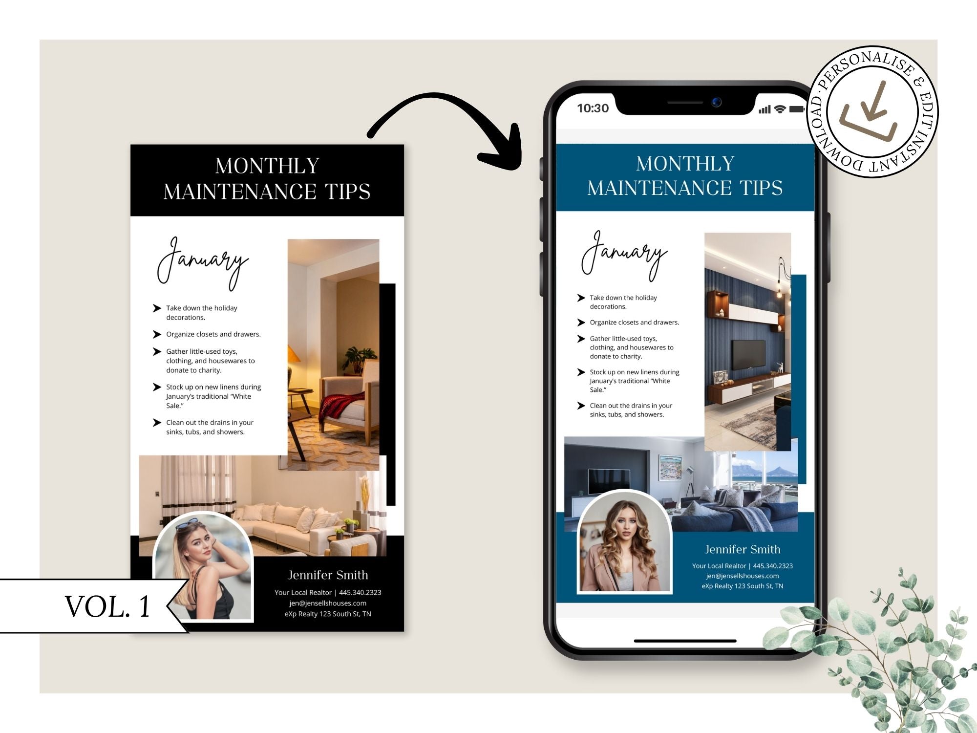 Monthly Maintenance Tips Textable Vol 01 - Easy-to-share templates offering valuable home maintenance advice.