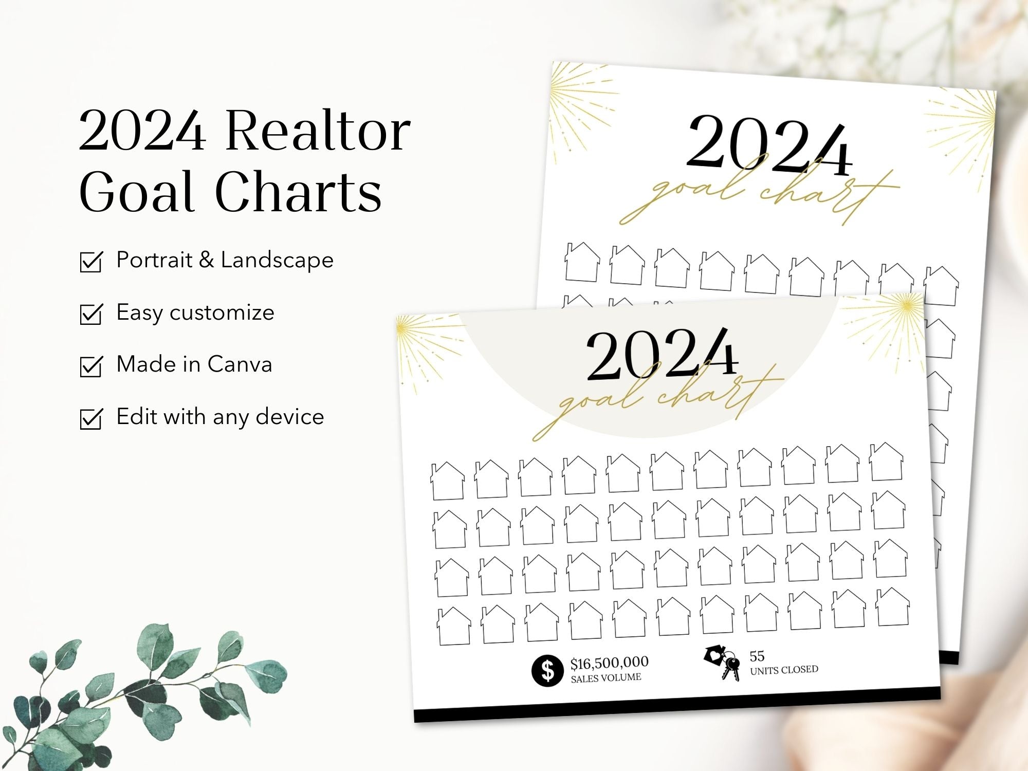 Real Estate Gold 2024 Realtor Goal Chart - Eye-catching chart for goal setting and tracking in a luxurious gold theme, providing a stylish and motivational tool for achieving real estate milestones.
