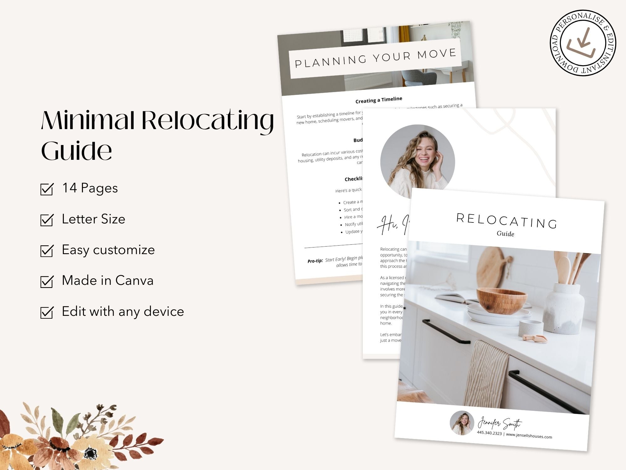 Minimal Relocating Guide template offering tips and assistance for homebuyers relocating.