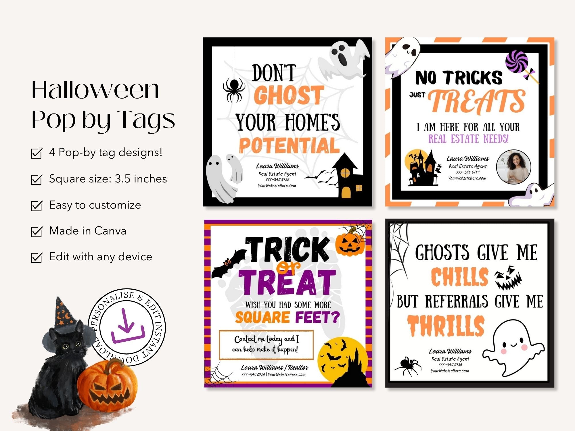 Real Estate Halloween Pop By Tags Bundle - Comprehensive bundle of creatively designed tags for adding a festive touch to your pop-by gifts and making a memorable connection with clients during the Halloween season.