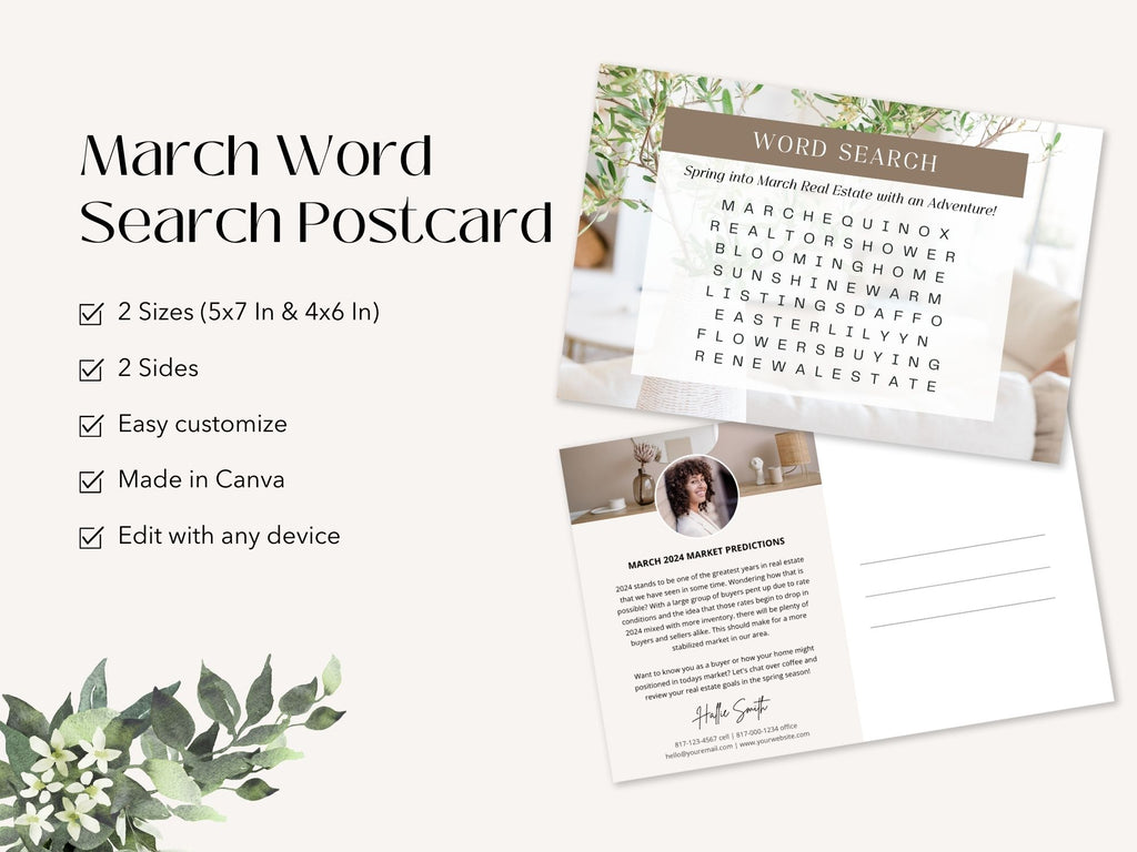 March Word Search Postcard - Professionally designed real estate postcard featuring a fun and interactive March-themed word search.
