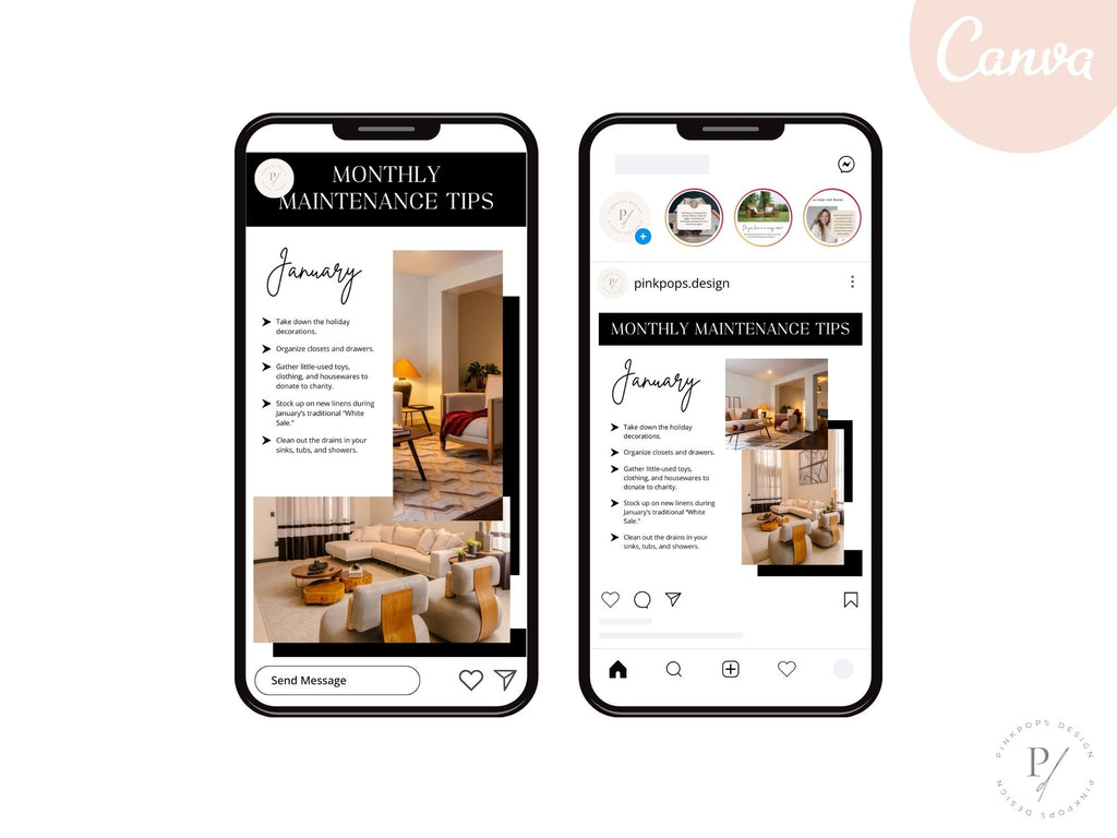 Monthly Maintenance Tips Bundle - Comprehensive set including postcards, Instagram posts, stories, and textable templates offering home maintenance advice.