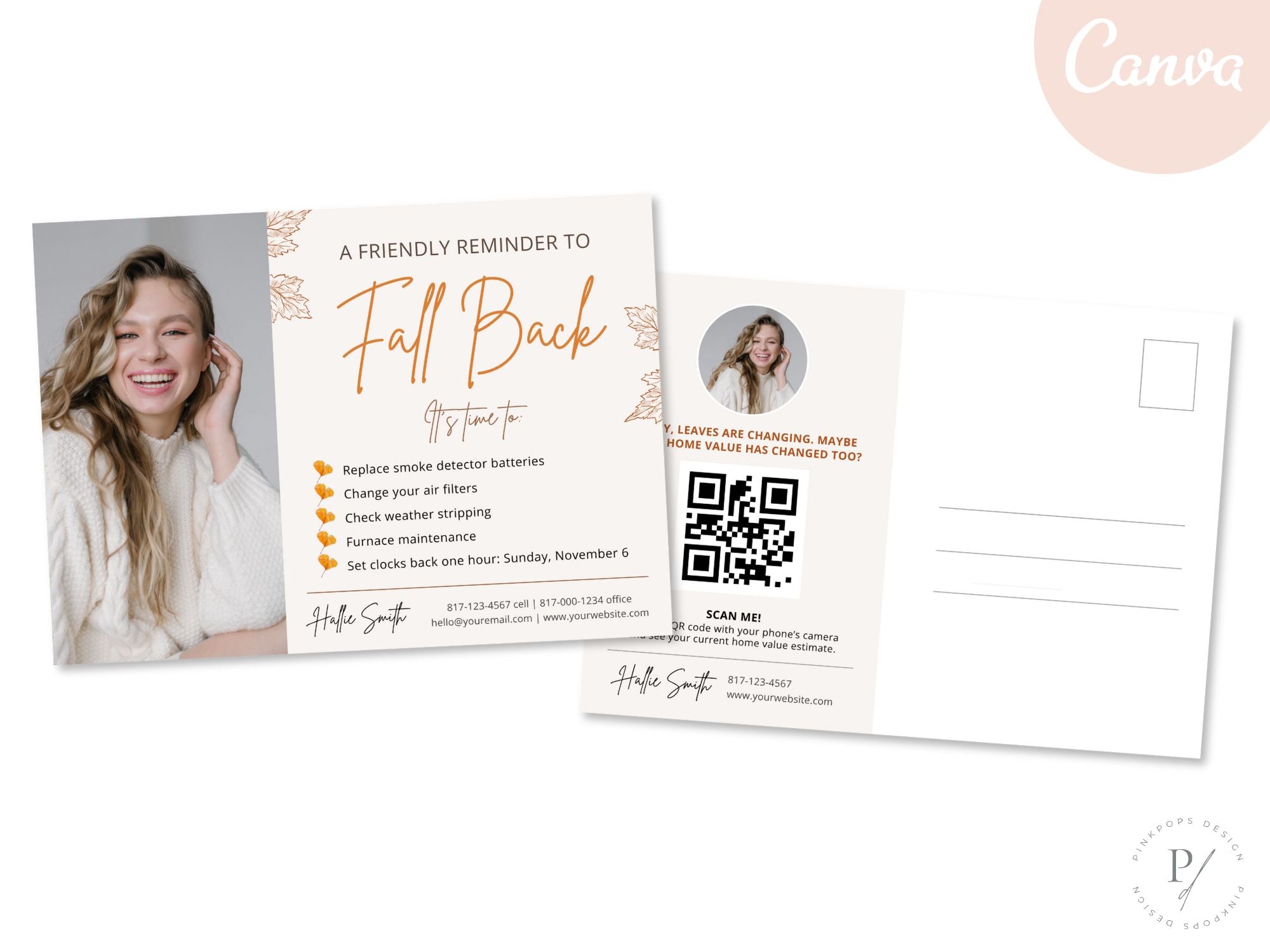 Real Estate Fall Back Postcard Vol 01 - Eye-catching design for reminding clients about the time change and showcasing your real estate brand in the autumn season.
