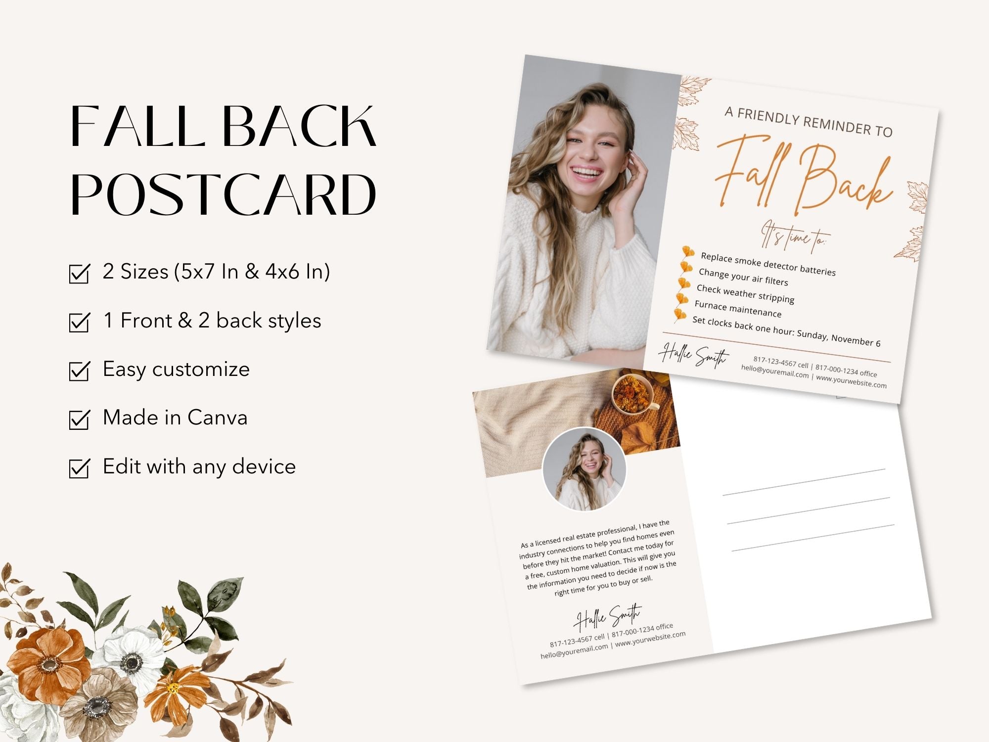 Real Estate Fall Back Postcard Vol 01 - Eye-catching design for reminding clients about the time change and showcasing your real estate brand in the autumn season.