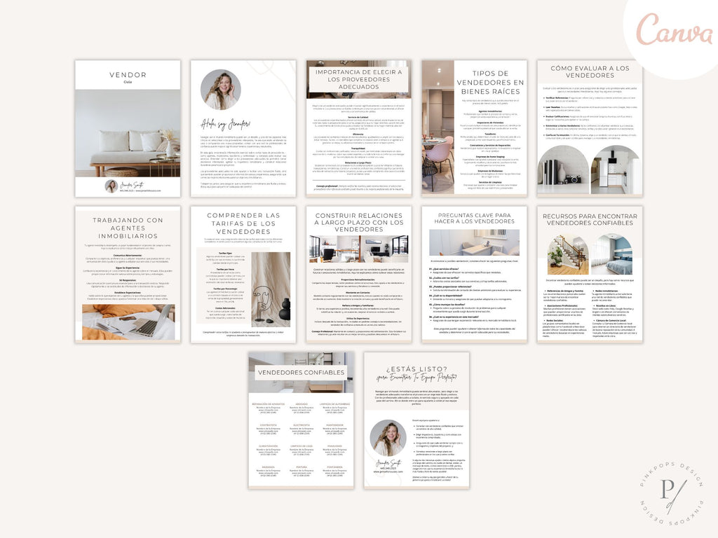 Spanish Minimal Vendor Guide showcasing trusted vendors for real estate clients.