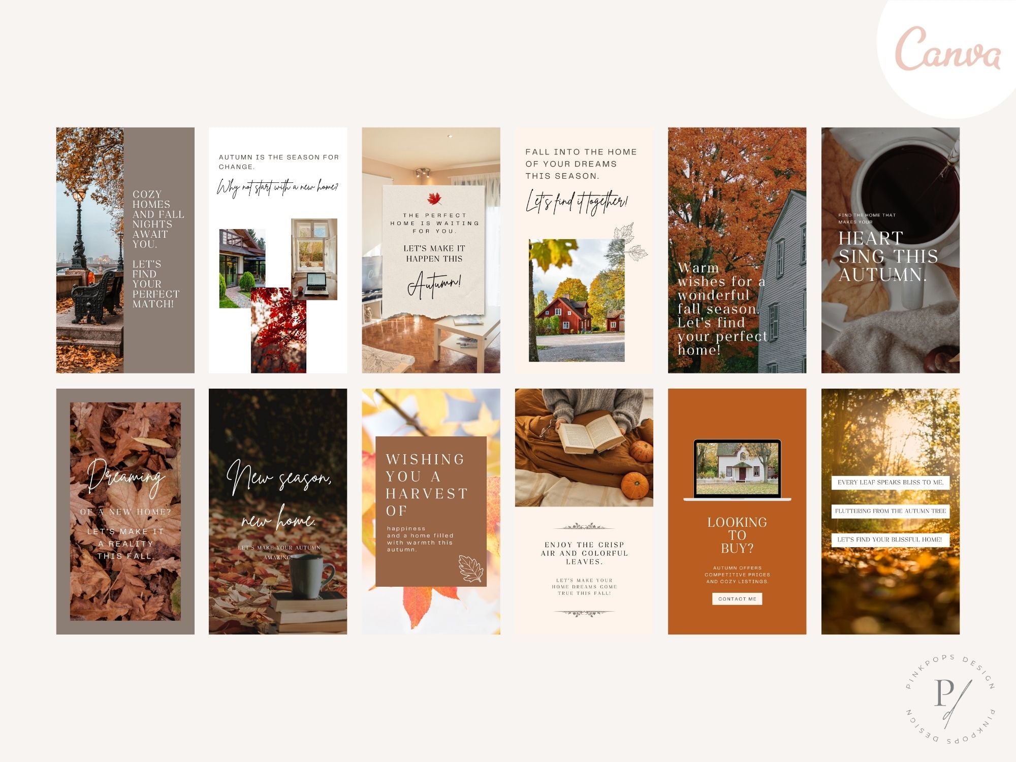 Fall-themed Instagram post and story templates for real estate marketing.