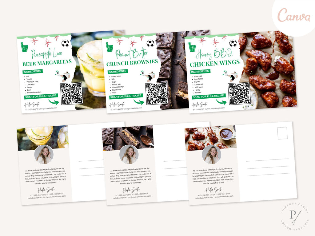 Football Season Real Estate Recipe Postcards - Themed postcards with delicious recipes and real estate tips.
