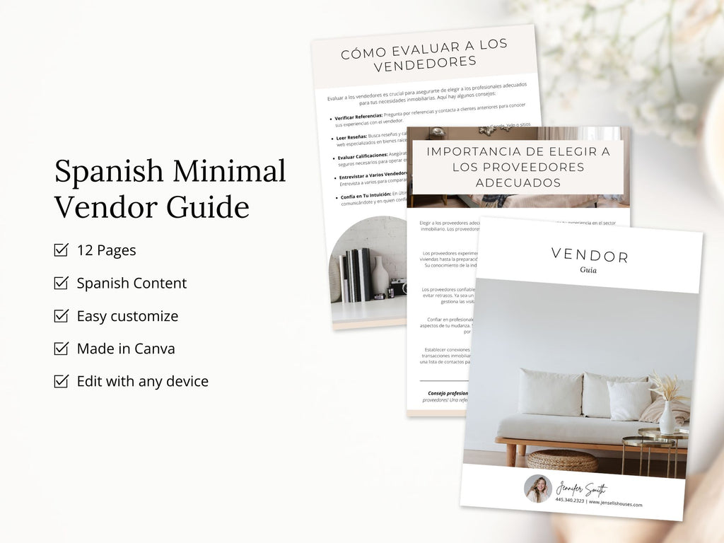 Spanish Minimal Vendor Guide showcasing trusted vendors for real estate clients.