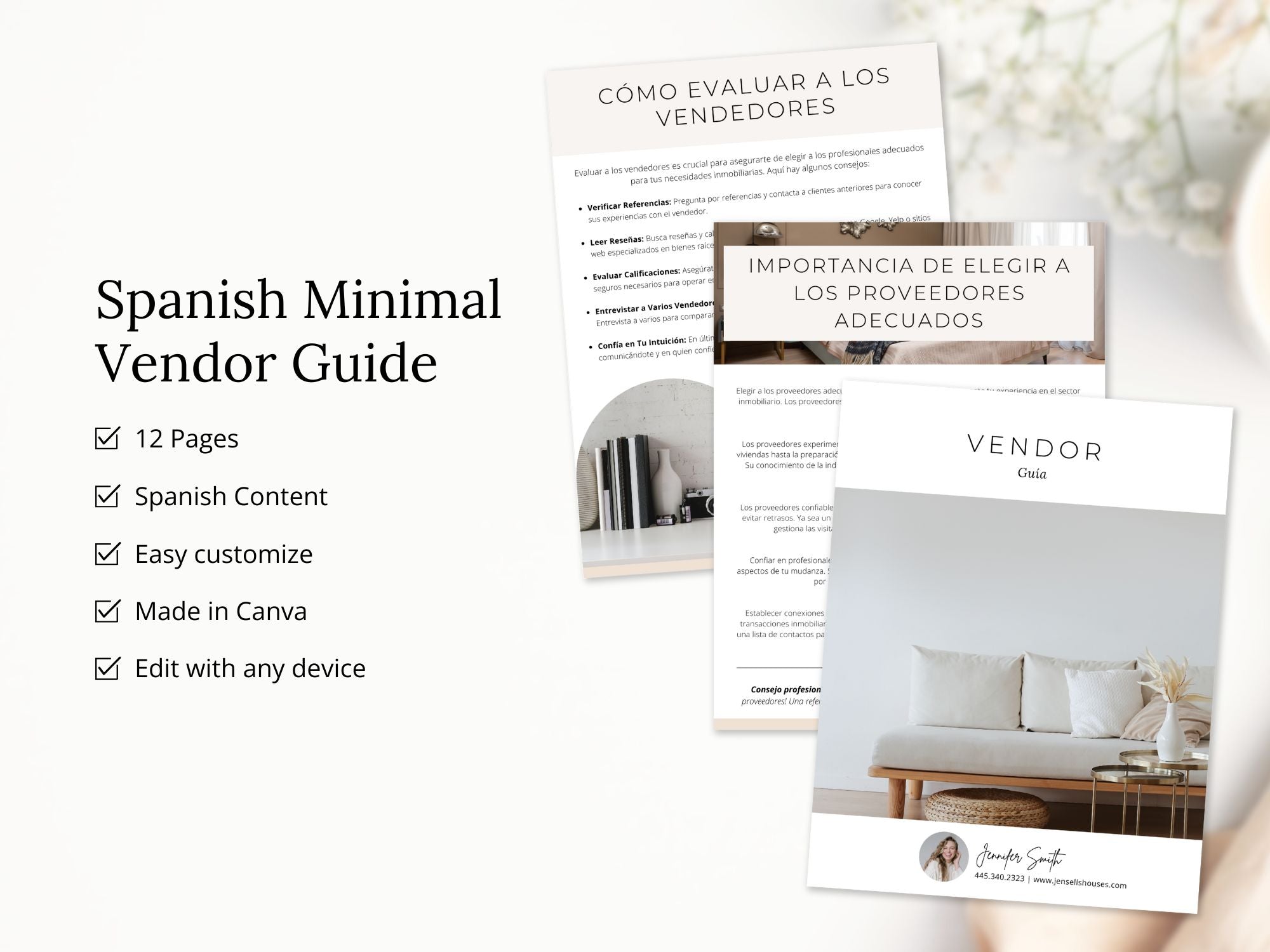 Spanish Minimal Vendor Guide showcasing trusted vendors for real estate clients.
