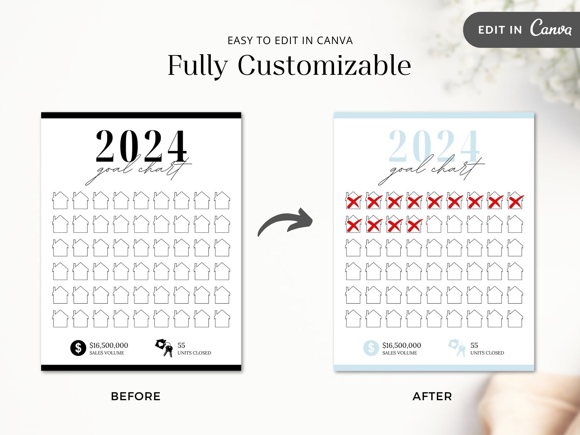 Real Estate Black 2024 Realtor Goal Chart - Sleek and modern chart for goal setting and tracking in a sophisticated black theme, providing a motivational and stylish tool for achieving real estate milestones.