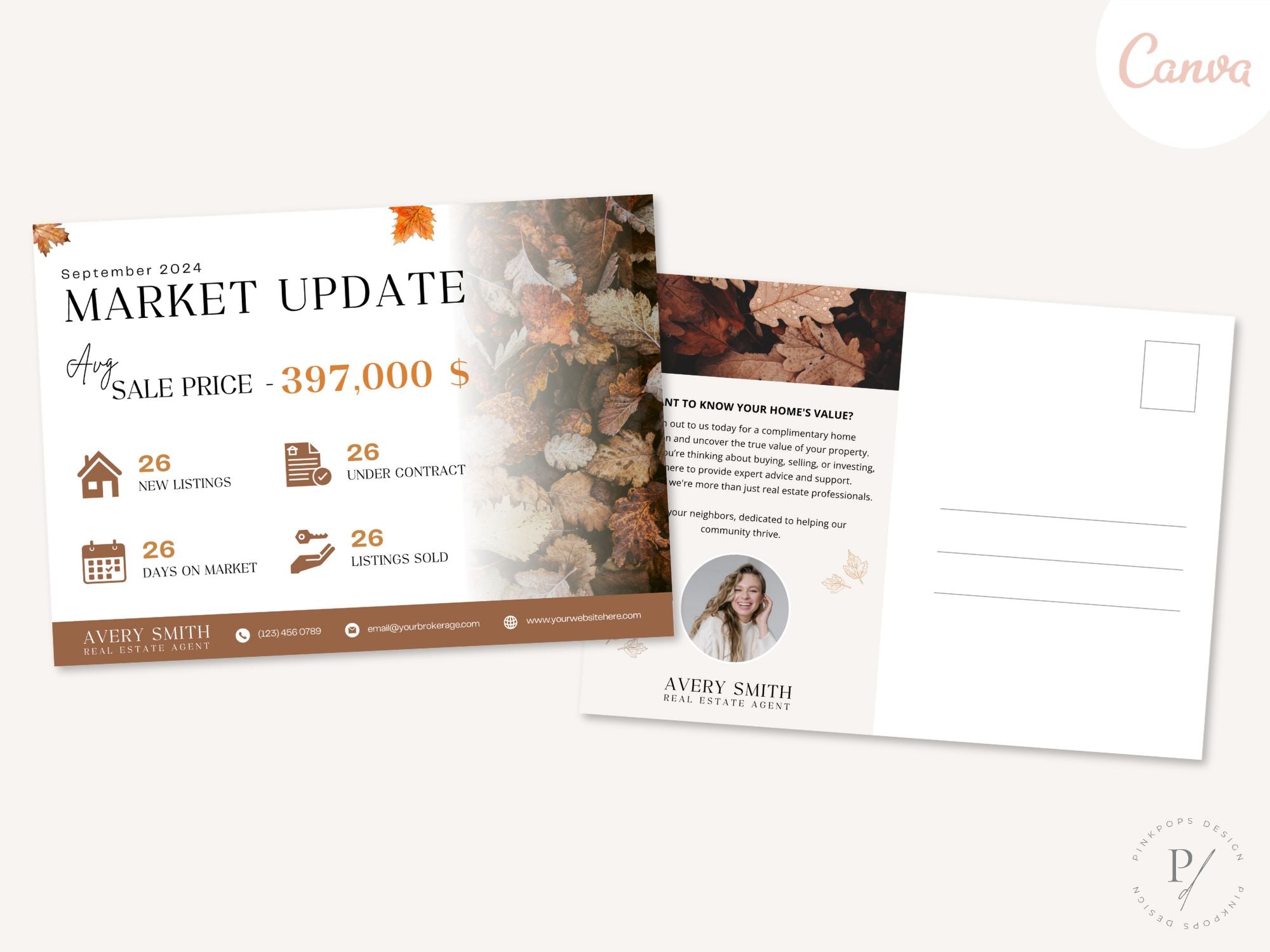 Fall Market Update Postcard and Flyer set with autumn-themed design for real estate professionals.
