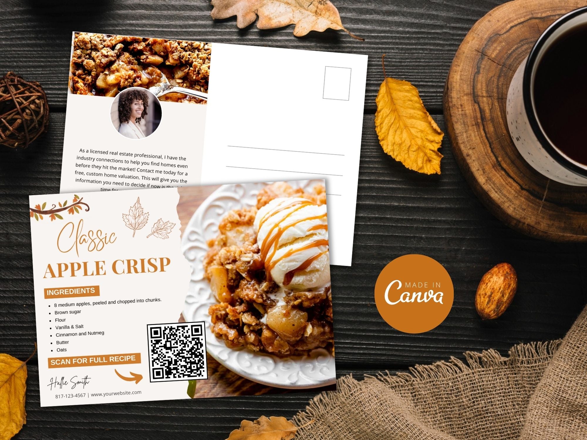 Real Estate Fall Recipe Postcard Bundle - Delightful bundle combining autumnal design with flavorful recipes for a unique and engaging way to express seasonal greetings and foster connections with clients during the fall season.