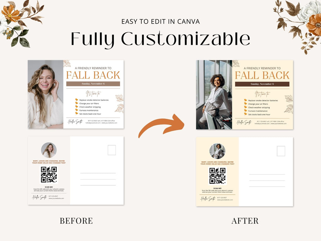 Real Estate Fall Back Postcard Vol 02 - Captivating design for reminding clients about the time change and showcasing your real estate brand in the autumn season.