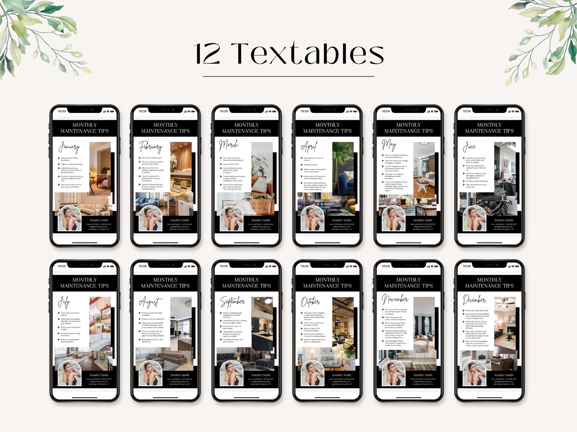Monthly Maintenance Tips Textable Vol 01 - Easy-to-share templates offering valuable home maintenance advice.