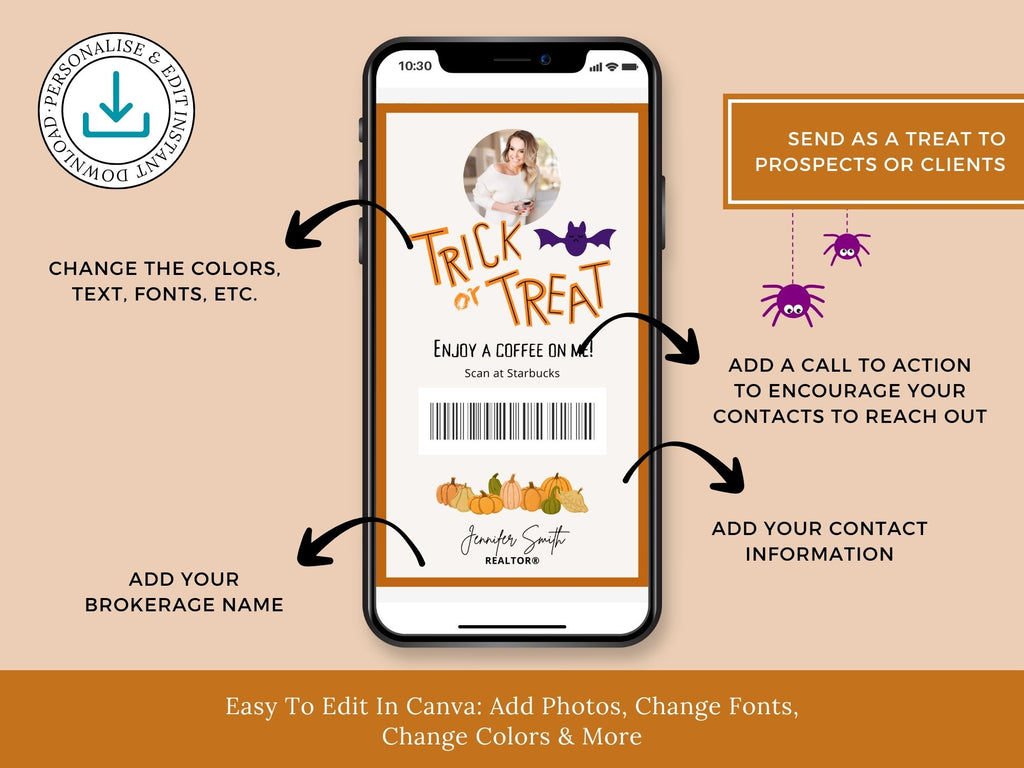 Real Estate Textable Halloween Coffee Gift Card - Innovative and festive gift card for expressing appreciation and sending warm wishes during the Halloween season, all with the convenience of a textable format.