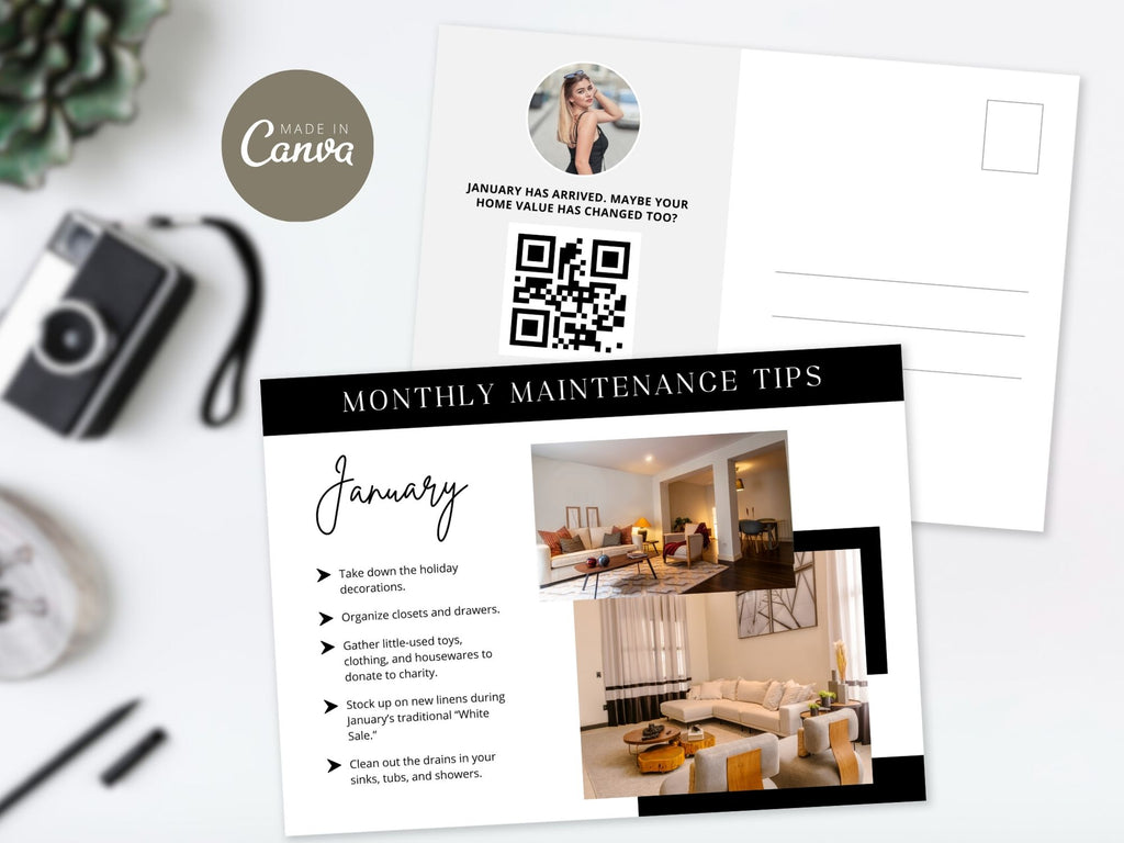 Monthly Maintenance Tips Bundle - Comprehensive set including postcards, Instagram posts, stories, and textable templates offering home maintenance advice.