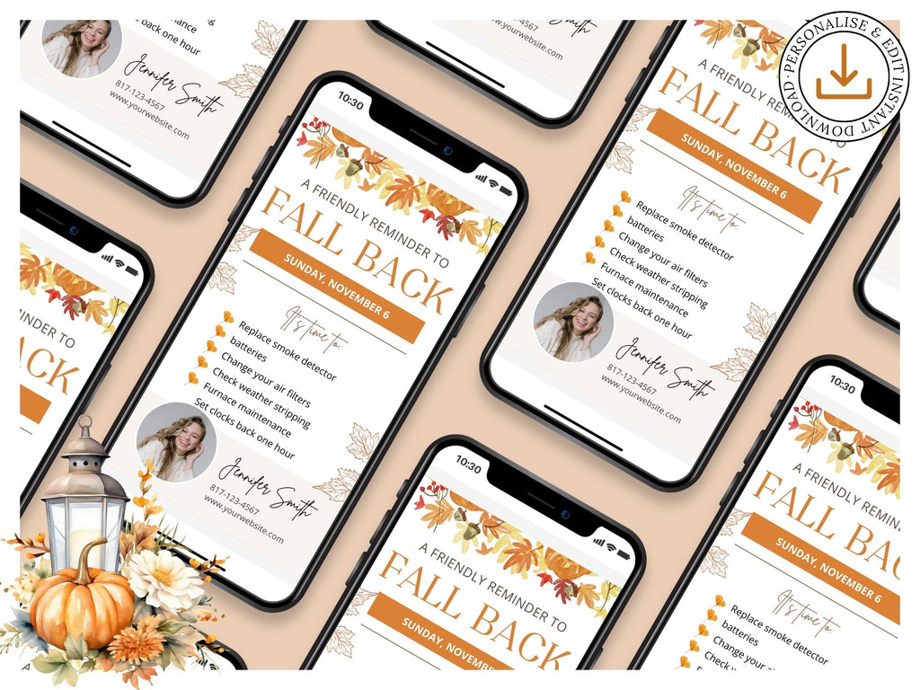 Real Estate Fall Back Digital Card Vol 02 - Visually appealing design for reminding clients about the time change and incorporating your real estate branding in the autumn season.