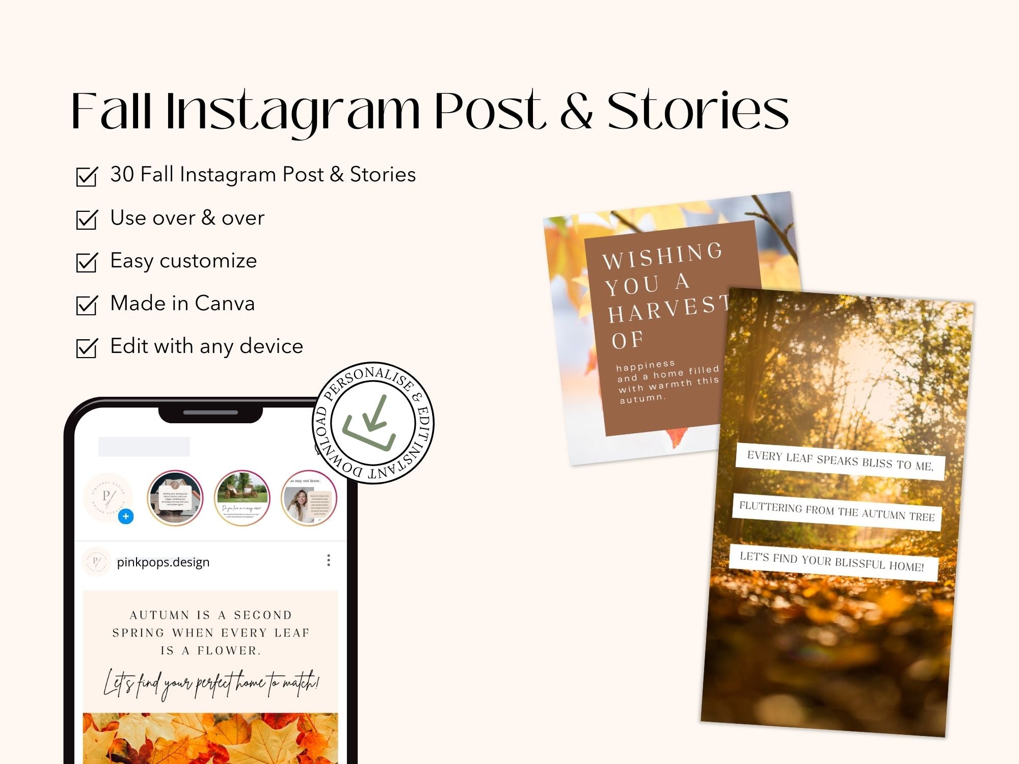 Fall-themed Instagram post and story templates for real estate marketing.