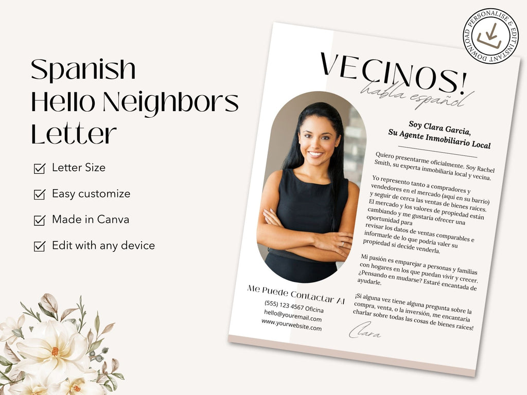 Real Estate 'Hello Neighbors' Letter in Spanish Vol. 01 - Build strong connections in your neighborhood with a personalized introduction of your real estate services.