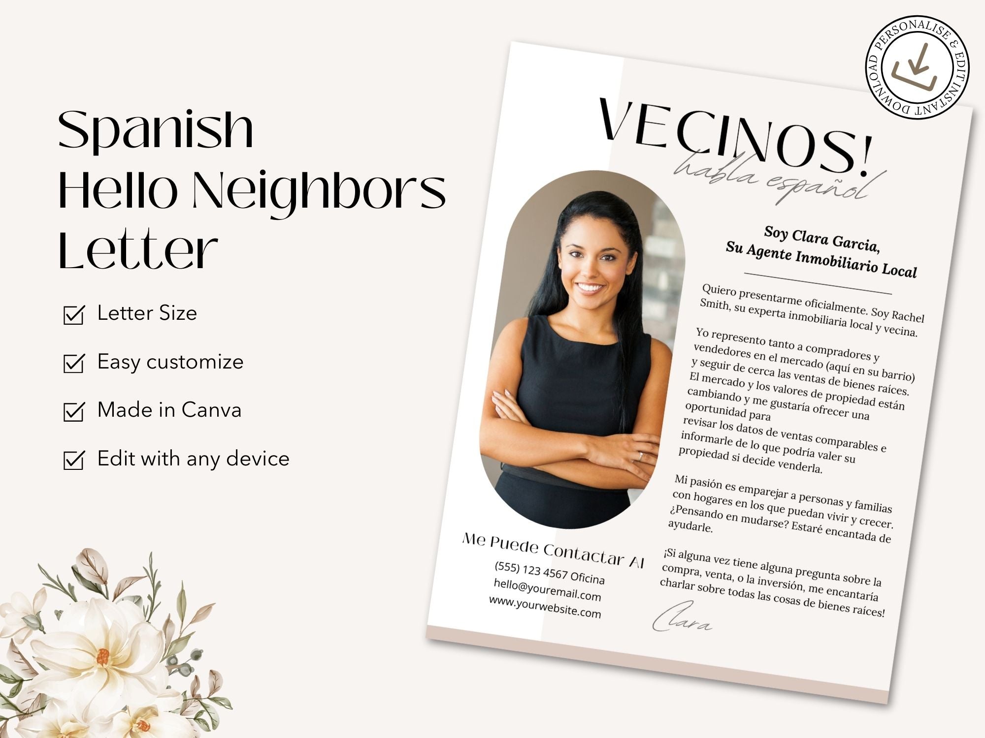 Real Estate 'Hello Neighbors' Letter in Spanish Vol. 01 - Build strong connections in your neighborhood with a personalized introduction of your real estate services.