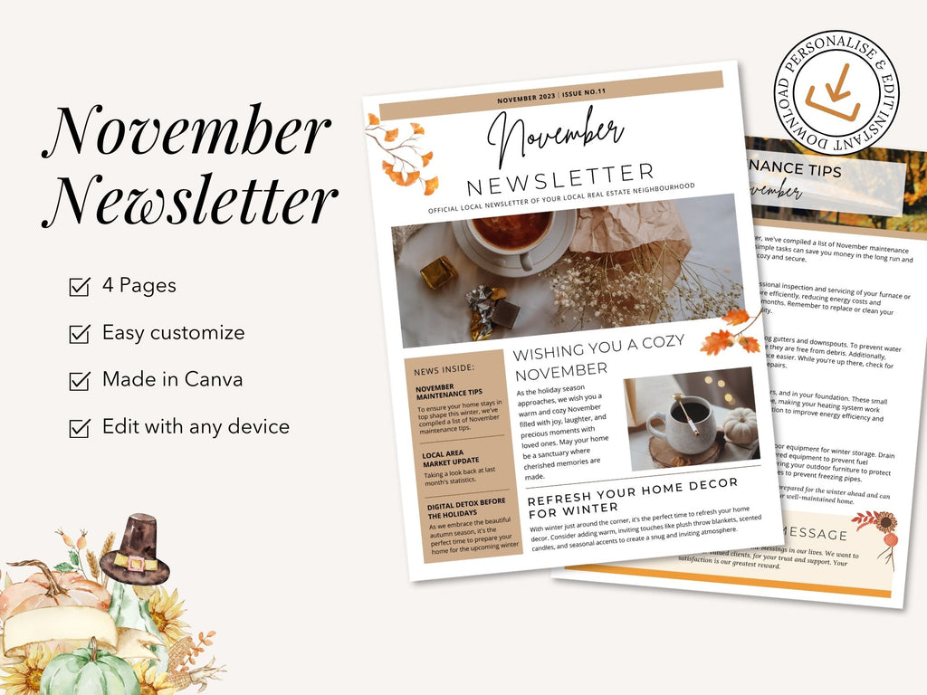 Real Estate Minimal November Newsletter 2023 - Clean and concise newsletter template for delivering important updates and seasonal greetings in a professional and engaging manner.
