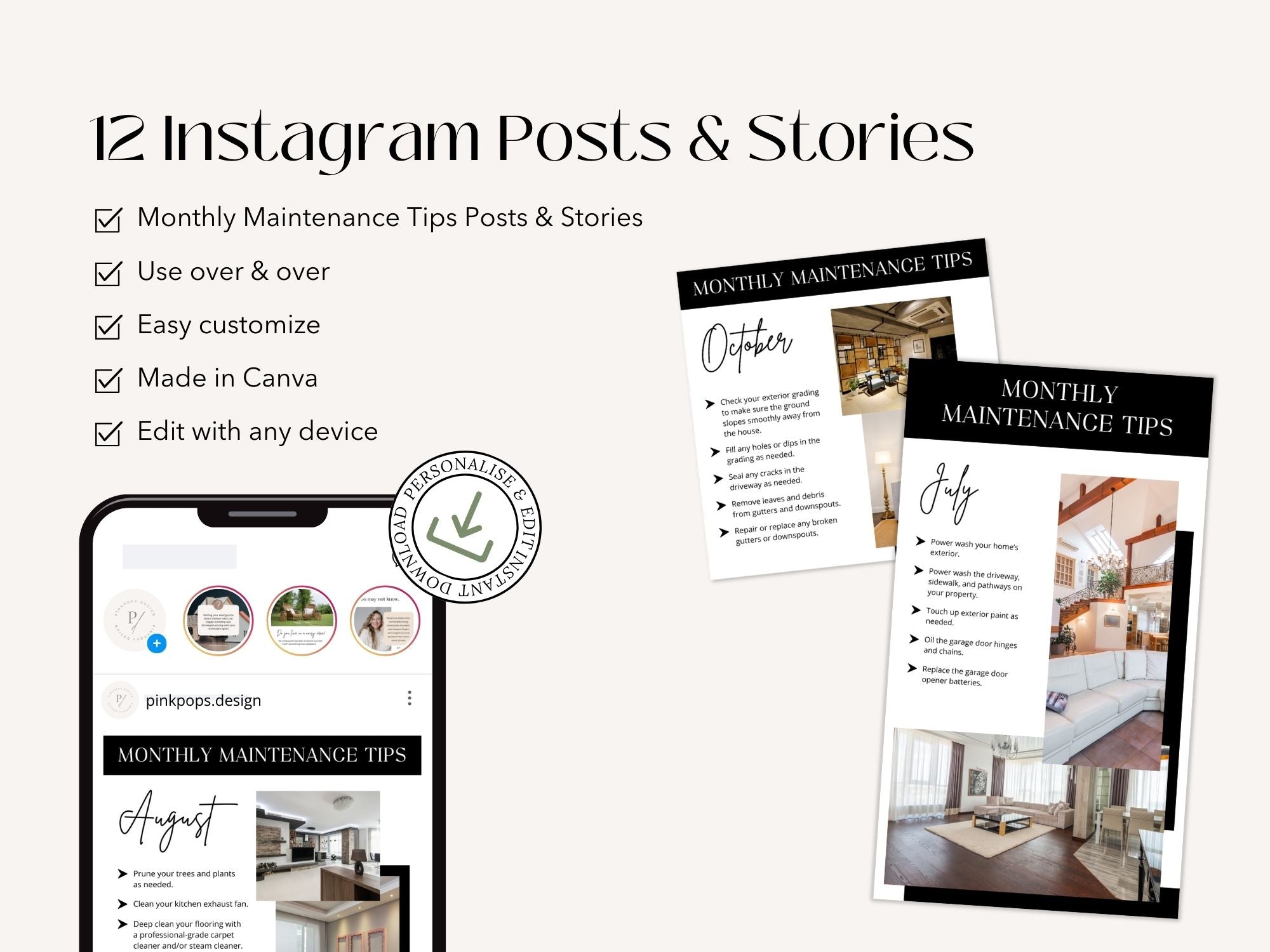 Monthly Maintenance Tips Instagram Post & Stories - Beautifully designed templates with home maintenance advice.
