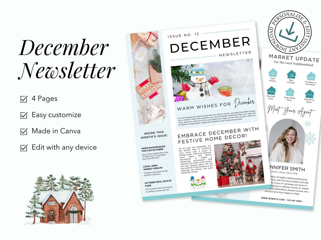 December Newsletter 2024 Vol 02 template for real estate professionals, featuring year-end market summaries and holiday home tips.