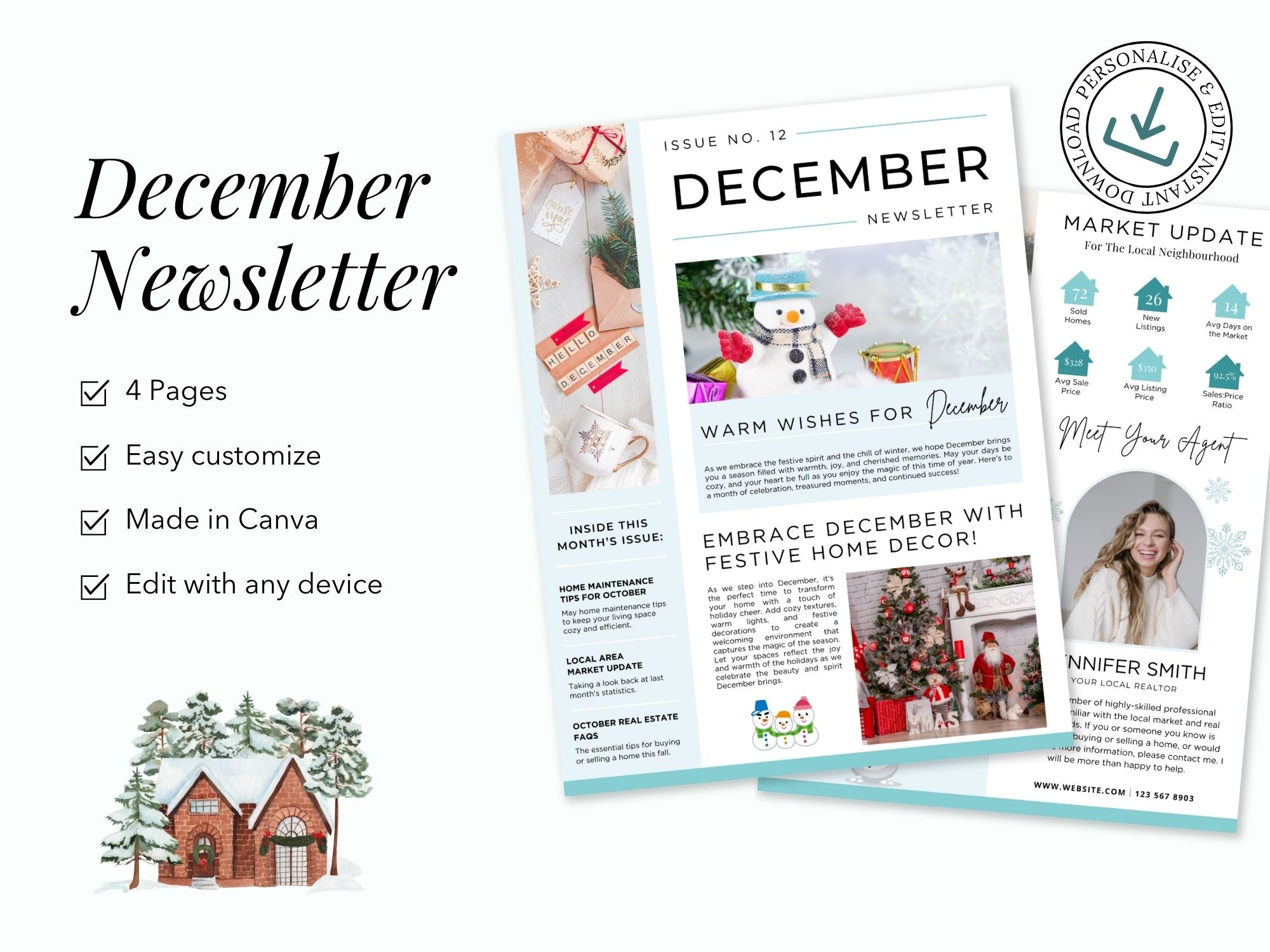 December Newsletter 2024 Vol 02 template for real estate professionals, featuring year-end market summaries and holiday home tips.